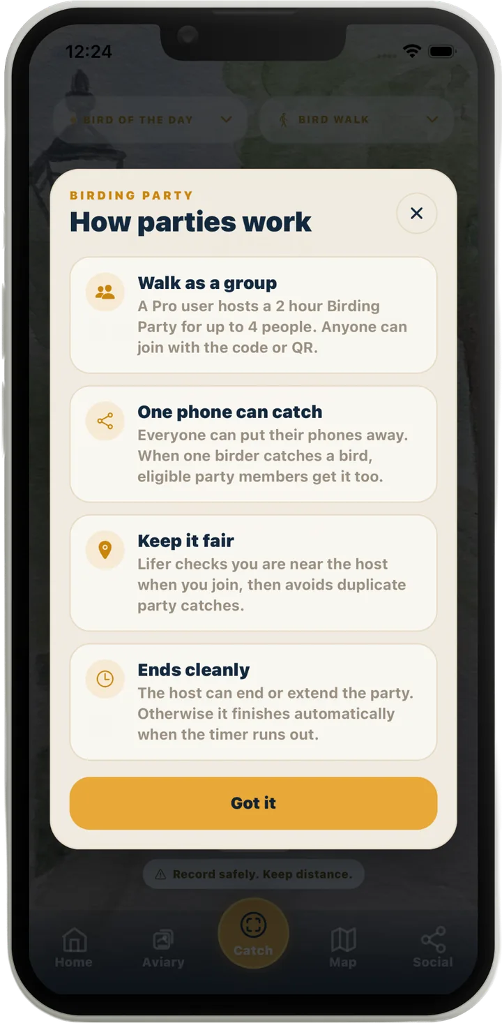 How parties work: walk as a group, one phone can catch for everyone, proximity keeps it fair, and the party ends cleanly when the timer runs out