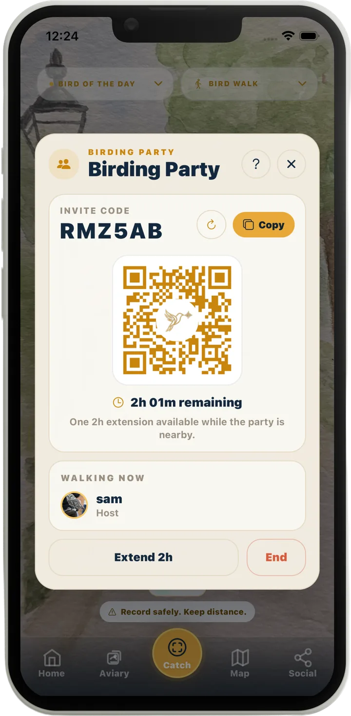 A live Birding Party with invite code RMZ5AB, a QR code to scan, 2 hours remaining, and the walking-now member list