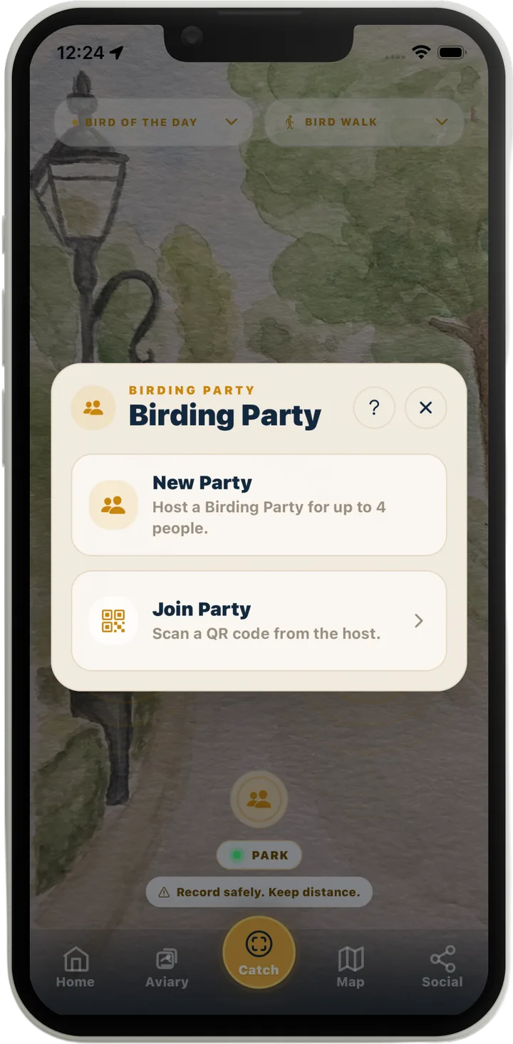 Starting a Birding Party: host a new party for up to 4 people, or join one by scanning the host's QR code