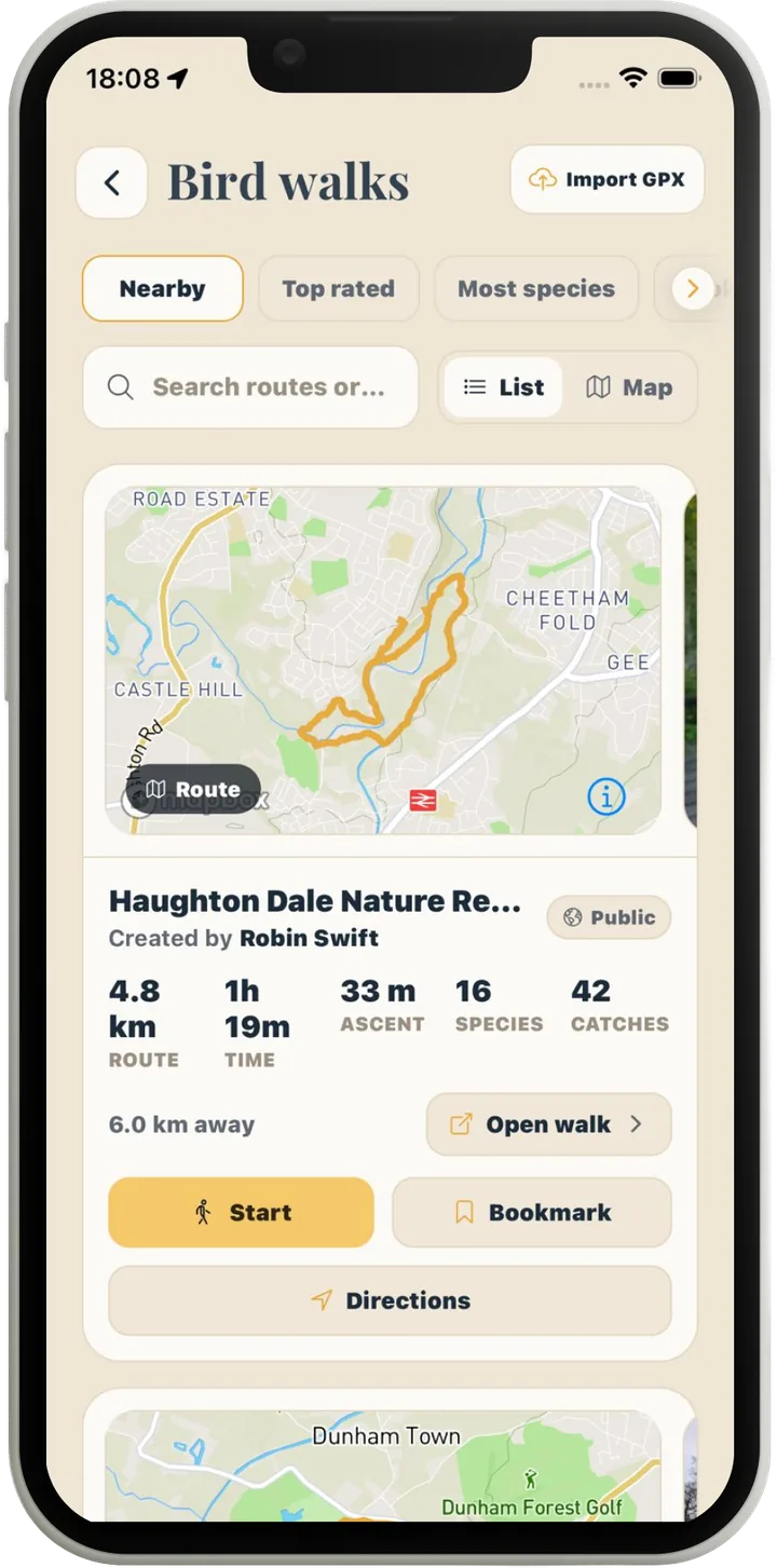 The Bird walks screen in Lifer: nearby public routes with a route map and stats (4.8 km, 1h 19m, 33m ascent, 16 species, 42 catches) plus Start, Bookmark, and Directions buttons