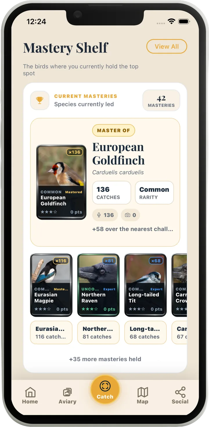 The Mastery Shelf: species where you currently hold the top spot, led by a European Goldfinch mastered over 136 catches, with 42 masteries held
