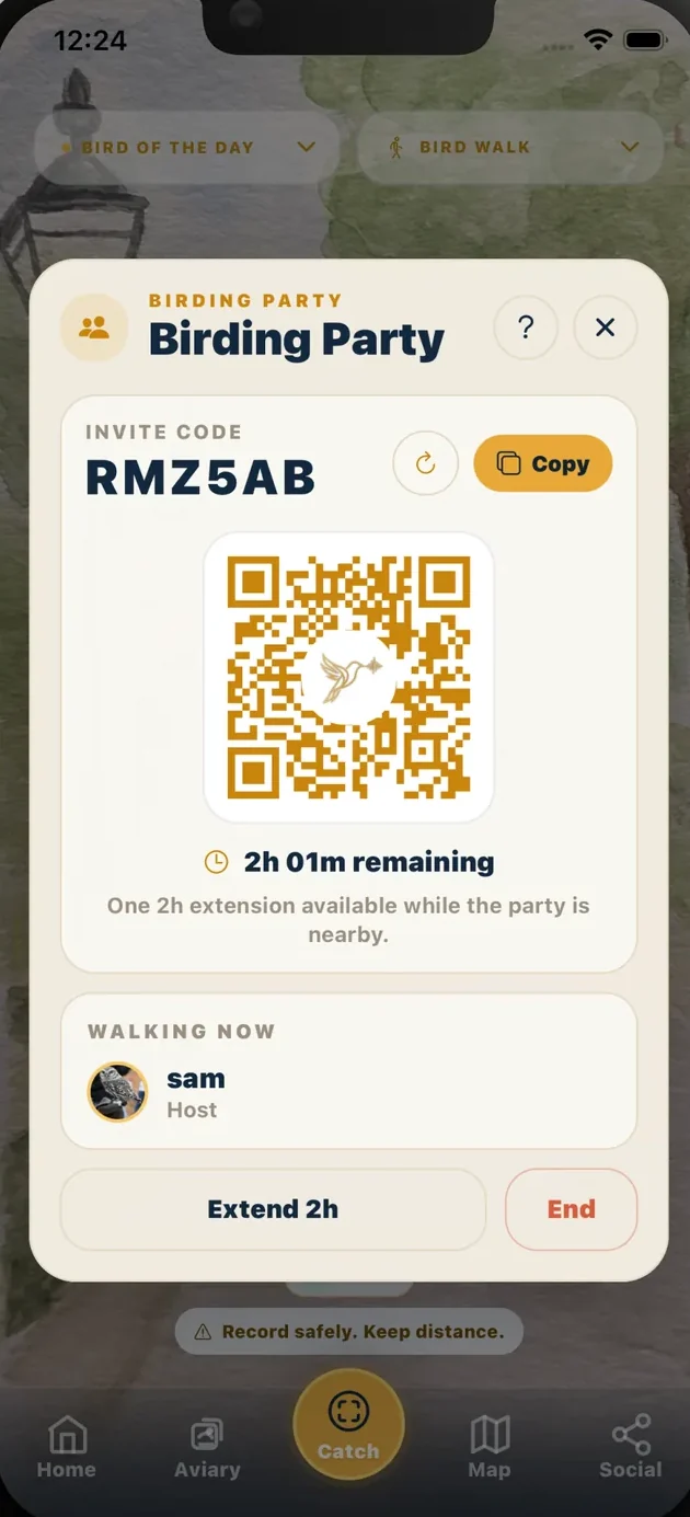 A live Birding Party with its invite code and members