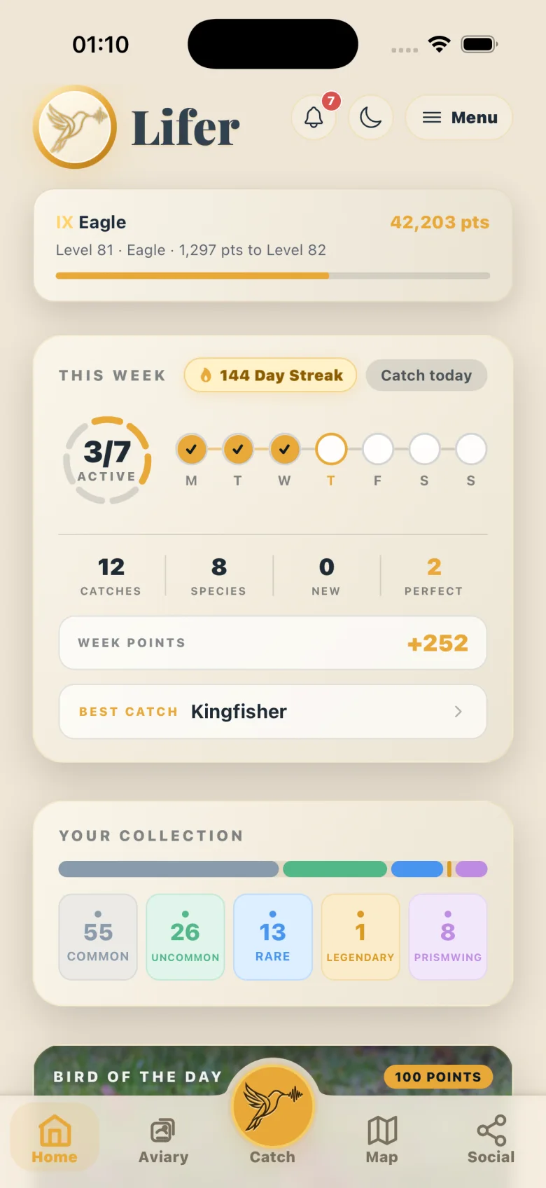The Lifer home screen: level and points, a 144-day streak, this week's catches and your collection by rarity