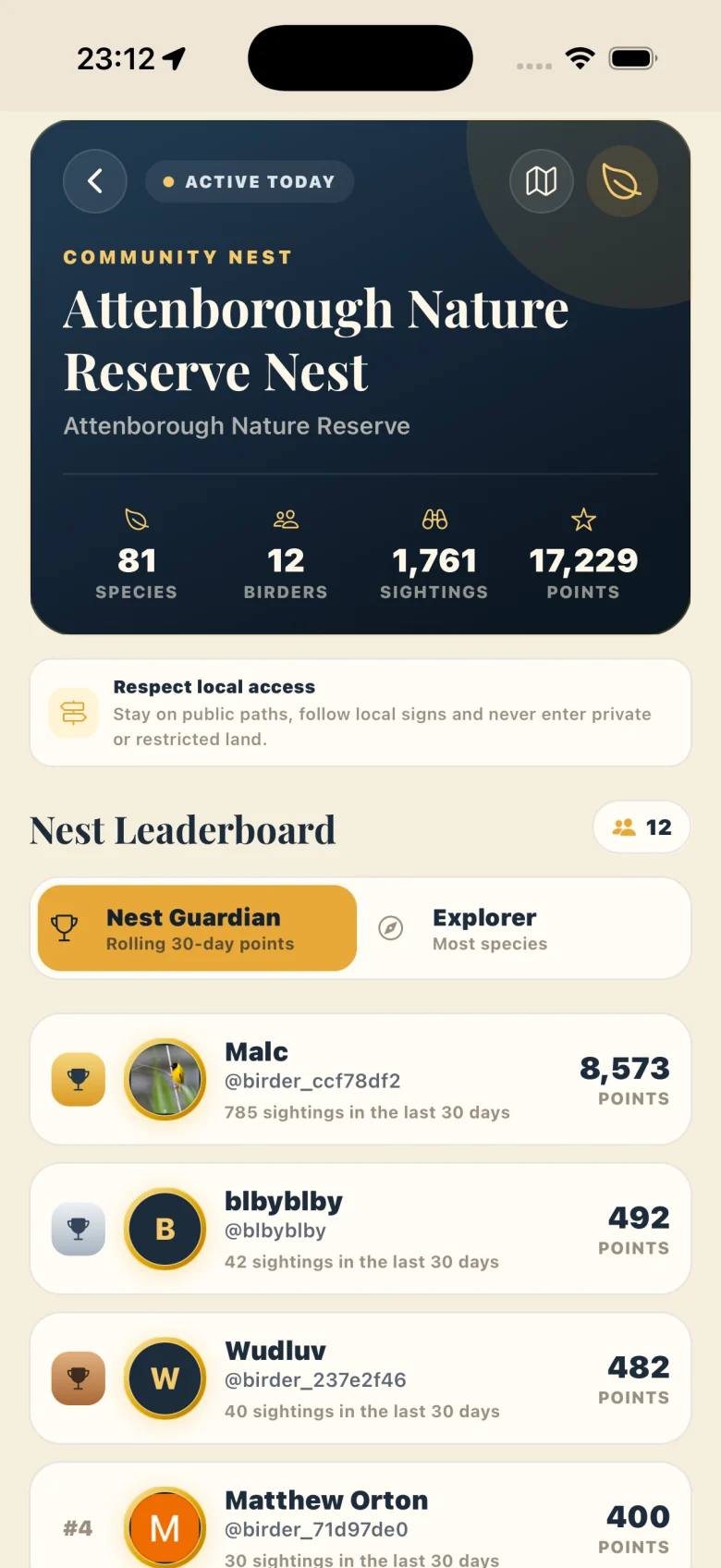 Attenborough Nature Reserve Nest, with its species, birders and Nest Guardian leaderboard