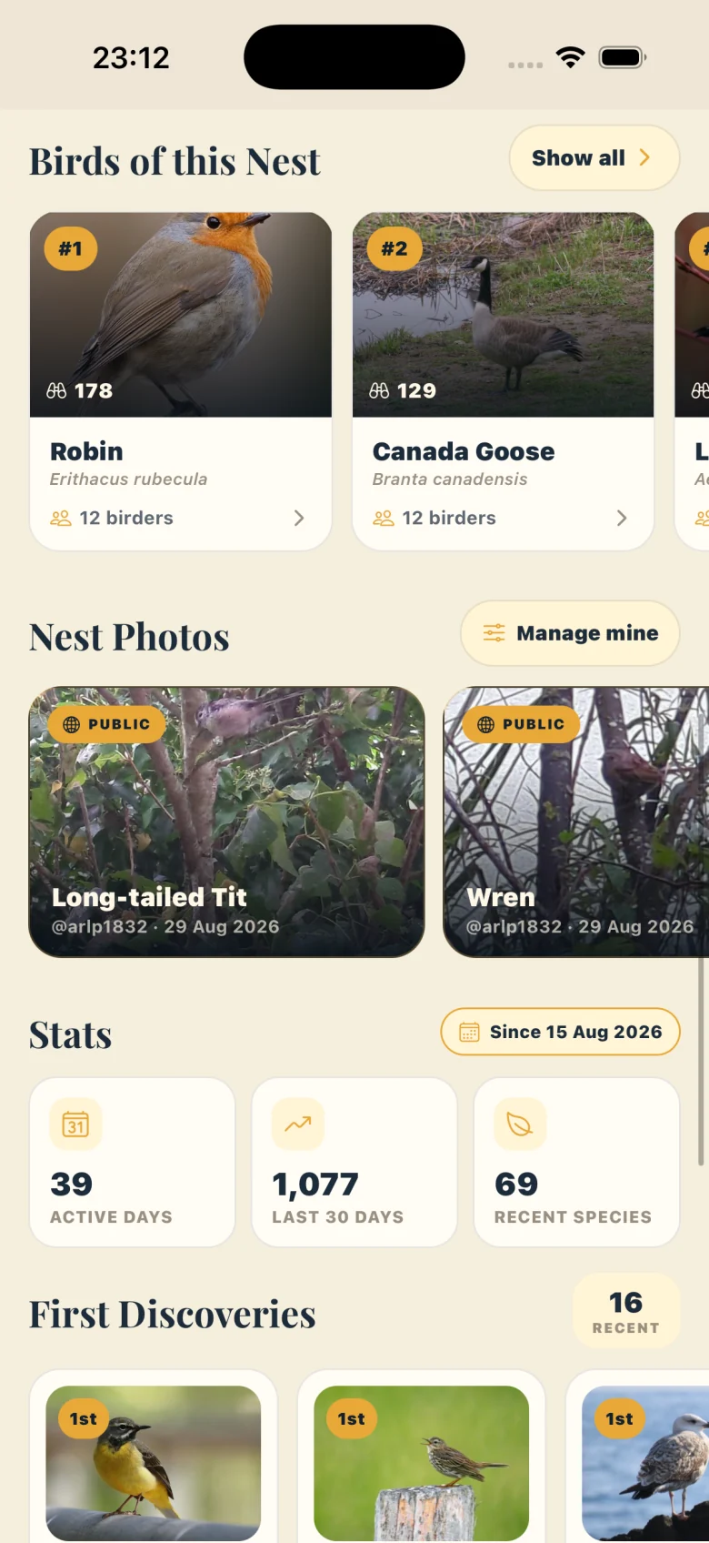 Birds of this Nest, community photos and Nest stats