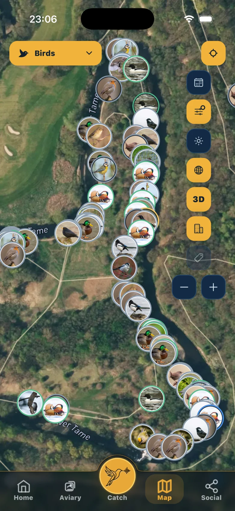 The Lifer map with every catch pinned along a river