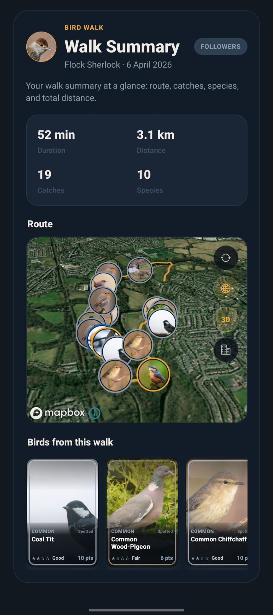 Bird Walk screen showing route and sightings
