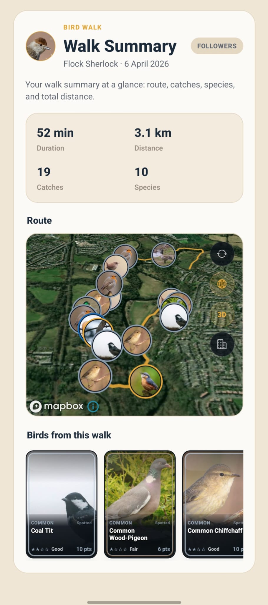 Bird Walk screen showing route and sightings
