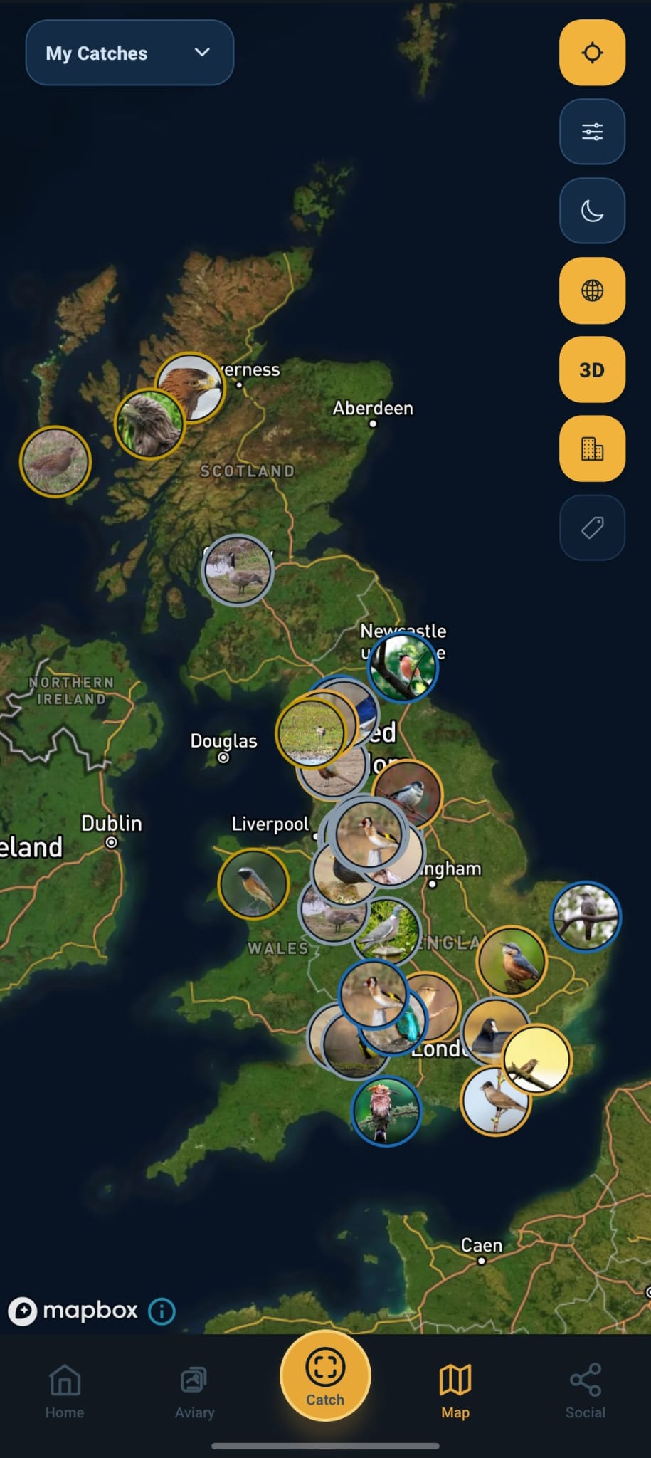 Map view showing saved sightings across Europe