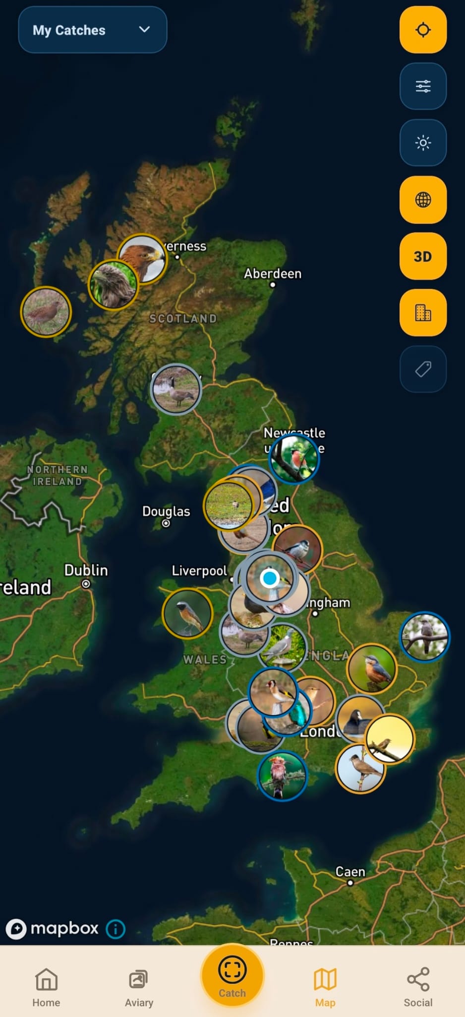 Map view showing saved sightings across Europe